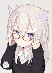 Rule 34 | 1girl, :&lt;, adjusting eyewear, animal ears, artist name, black sweater, capriccio, cat ears, closed mouth, collared shirt, commentary request, dress shirt, grey background, grey hair, hair between eyes, hair ornament, hairclip, hands up, long hair, long sleeves, looking at viewer, original, purple-framed eyewear, purple eyes, shirt, simple background, sleeves past wrists, solo, sweater, upper body, white shirt