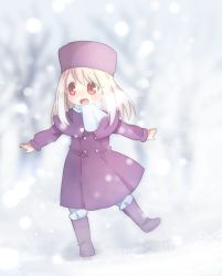 Rule 34 | 1girl, aged down, bad id, bad pixiv id, blush, boots, breath, child, fate/stay night, fate/zero, fate (series), fur hat, hat, illyasviel von einzbern, jacket, open mouth, outstretched arms, purple footwear, purple hat, red eyes, scarf, snow, solo, spread arms, standing, standing on one leg, sunameri oishii, white hair, white scarf