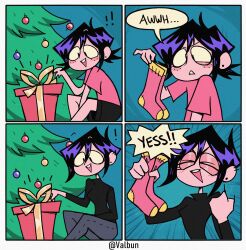 Rule 34 | 1girl, age comparison, christmas present, christmas tree, clenched hand, closed eyes, comic, commentary, ear piercing, earrings, emphasis lines, english commentary, english text, freckles, frown, gift, highres, jewelry, open mouth, original, piercing, purple hair, short hair, smile, socks, stud earrings, triangle mouth, turtleneck, twitter username, valbun, valbun (character)