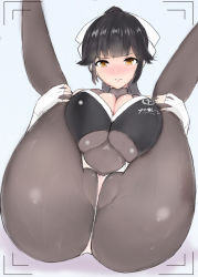 Rule 34 | ass, ass focus, azur lane, black hair, breast press, breasts squeezed together, breasts, cleavage, crotch seam, gloves, hair ribbon, highres, holding legs, huge breasts, leg hold, legs up, looking at viewer, lying, netto inutaro, official alternate costume, on back, presenting, pussy, ribbon, solo, spread legs, takao (azur lane), takao (full throttle charmer) (azur lane), thick thighs, thighs, white gloves, yellow eyes