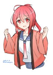 Rule 34 | 1girl, 2019, :d, ahoge, clenched hands, dated, dotera, gradient neckwear, hair between eyes, hair ribbon, highres, i-168 (kancolle), kantai collection, long hair, looking at viewer, necktie, open mouth, ponytail, red eyes, red hair, red necktie, ribbon, sakikumo (sakumo), school swimsuit, school uniform, serafuku, simple background, smile, solo, swimsuit, swimsuit under clothes, twitter username, upper body, white background