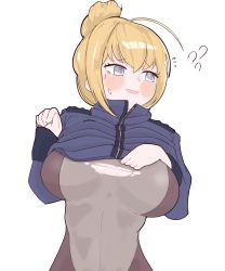 Rule 34 | 1girl, ?, ??, absurdres, ahoge, blonde hair, blush, bodysuit, breasts, clothes pull, embarrassed, fang, flying sweatdrops, habetrot (last origin), hair bun, hand on breast, highres, jacket, jacket pull, large breasts, last origin, lk149, looking away, looking to the side, open mouth, simple background, single hair bun, skin fang, sleeves past wrists, smile, solo, torn bodysuit, torn clothes, white background