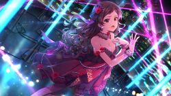 Rule 34 | 1girl, breasts, brown hair, building, cityscape, cleavage, dress, earrings, flower, game cg, hair ornament, highres, idolmaster, idolmaster million live!, idolmaster million live! theater days, jewelry, kitazawa shiho, medium breasts, neon lights, official art, open mouth, orange eyes, pantyhose, red dress, ring, rose, solo