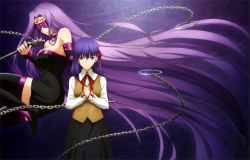 Rule 34 | 2girls, absurdly long hair, asymmetrical hair, black dress, black footwear, black skirt, black thighhighs, blindfold, boots, breasts, brown vest, chain, choker, cleavage, collared shirt, cross print, detached sleeves, dress, facial mark, fate/stay night, fate (series), forehead mark, hair ribbon, hands on own chest, heaven&#039;s feel, highres, holding, holding weapon, homurahara academy school uniform, impossible clothes, impossible dress, jumping, large breasts, leg up, light purple hair, long hair, long skirt, magazine request, matou sakura, medusa (fate), medusa (rider) (fate), multiple girls, nameless dagger (fate), neck ribbon, official art, own hands together, parted lips, pink ribbon, print neckwear, print ribbon, purple background, purple choker, purple eyes, purple hair, red ribbon, ribbon, sad, scan, school uniform, shimamura junpei, shirt, skirt, standing, strapless, strapless dress, thigh boots, thighhighs, very long hair, vest, weapon, weapon request, white shirt