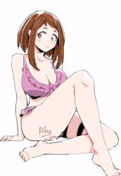 Rule 34 | 1girl, arm support, artist name, bare legs, barefoot, bikini, blush stickers, boku no hero academia, breasts, brown eyes, brown hair, cleavage, collarbone, frilled bikini, frills, knee up, large breasts, looking to the side, medium hair, open mouth, pink bikini, relaxjon, signature, simple background, sitting, solo, swimsuit, thigh strap, thighs, uraraka ochako, white background