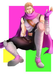 Rule 34 | 1boy, armor, armored boots, blonde hair, boots, cape, ceser, dragon quest, dragon quest heroes, dragon quest heroes ii, fingerless gloves, gloves, green eyes, highres, male focus, open mouth, oururi33, sitting, solo, teeth, white background