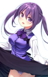 Rule 34 | 1girl, black skirt, breasts, clothes lift, gochuumon wa usagi desu ka?, lifting own clothes, long hair, looking at viewer, medium breasts, open mouth, panties, plaid, plaid panties, purple eyes, purple hair, purple panties, purple vest, rabbit house uniform, shirt, simple background, skirt, skirt lift, smile, solo, tedeza rize, thighs, twintails, underwear, usume shirou, vest, white background, white shirt