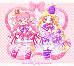 2girls artist_name blonde_hair blue_eyes blush boots bowtie brooch closed_mouth copyright_name crown cure_friendy cure_wonderful dress earrings hair_ribbon hat heart heart_brooch high_heel_boots high_heels inukai_iroha inukai_komugi jewelry kirin_(kanata_walk) long_hair low_twin_braids magical_girl mini_crown multicolored_hair multiple_girls one_eye_closed open_mouth peaked_cap petticoat pink_dress pink_eyes pink_footwear pink_hair precure puffy_short_sleeves puffy_sleeves purple_dress purple_footwear purple_hat ribbon short_sleeves smile striped_bow striped_bowtie striped_clothes striped_ribbon striped_thighhighs thighhighs twin_braids twitter_username two-tone_hair two_side_up very_long_hair white_sleeves white_thighhighs wonderful_precure! wrist_cuffs