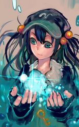 Rule 34 | 1girl, black gloves, blue eyes, blue hair, fingerless gloves, gloves, hair bobbles, hair ornament, hat, highres, kawashiro nitori, key, light particles, long sleeves, matching hair/eyes, onion (onion and pi-natto), shirt, smile, solo, sparkle, touhou, twintails, two side up