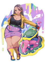 Rule 34 | 1girl, akina bbw, alolan form, alolan muk, belt, black gloves, black shirt, boots, breasts, brown eyes, brown hair, cleavage, commission, fingerless gloves, gen 7 pokemon, gloves, hand on own chest, highres, holding, jacket, large breasts, leaning to the side, long hair, long sleeves, looking at viewer, open mouth, original, pencil skirt, pink skirt, plump, poke ball, pokemon, shirt, simple background, skeb commission, skirt, smile, standing, thick thighs, thighs, white background, wide hips, yellow jacket