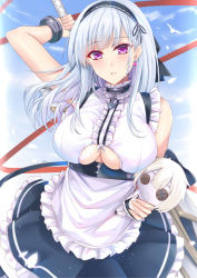 Rule 34 | 1girl, absurdres, anchor choker, apron, arm up, azur lane, bare shoulders, bird, black bow, black hairband, black skirt, blue sky, blunt bangs, blush, bow, bracelet, breasts, button eyes, buttons, center frills, character doll, choker, clothing cutout, cloud, commentary, cowboy shot, dido (azur lane), doll, earrings, frilled apron, frilled choker, frilled shirt, frilled skirt, frills, gu li, hair bow, hairband, heart, heart earrings, highres, holding, holding doll, holding sword, holding weapon, jewelry, lace-trimmed hairband, lace trim, large breasts, long hair, looking at viewer, maid apron, parted lips, purple eyes, shirt, silver hair, skirt, sky, sleeveless, sleeveless shirt, smile, solo, standing, sword, underboob, underboob cutout, underbust, waist apron, weapon, white apron, white shirt