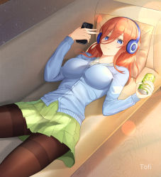 Rule 34 | 1girl, blue sweater, breasts, brown hair, brown pantyhose, can, cardigan, cellphone, couch, cushion, drink, go-toubun no hanayome, green skirt, hair between eyes, headphones, highres, holding, holding can, holding drink, holding phone, large breasts, long bangs, long hair, looking at phone, lying, miniskirt, nakano miku, on back, on couch, pantyhose, phone, pleated skirt, skirt, smartphone, solo, sweater, thighband pantyhose, tofi