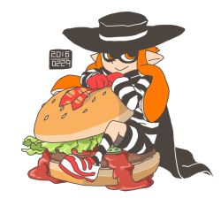 Rule 34 | 1girl, black cape, black hat, black shorts, black socks, burger, cape, closed mouth, collared shirt, commentary request, cosplay, dated, domino mask, double bun, food, gloves, hair bun, hair over shoulder, hamburglar, hamburglar (cosplay), hat, inkling, inkling girl, inkling player character, ketchup, lettuce, long hair, long sleeves, looking away, mask, mcdonald&#039;s, multicolored footwear, nanndana, nintendo, on food, orange eyes, orange hair, oversized food, oversized object, pickle, pointy ears, print neckwear, red footwear, red gloves, sesame seeds, shirt, shoes, shorts, smile, sneakers, socks, solo, splatoon (series), striped clothes, striped shirt, striped shorts, striped socks, suction cups, transparent background, two-tone footwear, two-tone shirt, two-tone shorts, white footwear, white shorts, white socks