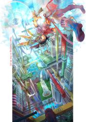Rule 34 | 1girl, city, cityscape, floating, flying, fuzi chouko, fuzichoco, gloves, hair ornament, open mouth, original, ribbon, single glove, solo, thighhighs, train, upside-down, wings