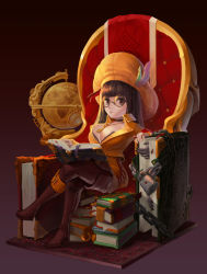 Rule 34 | 1girl, absurdres, bad id, bad pixiv id, book, book stack, braid, breasts, brown background, brown eyes, brown footwear, brown hair, brown neckwear, brown pants, chain, choker, cleavage, crossed legs, globe, gradient background, grimoire, hat, hat feather, highres, jewelry, key, key necklace, large breasts, librarian, lock, looking at viewer, necklace, open book, orange hat, original, pants, ring, rug, simple background, sitting, solo, throne, yuudokou shounen