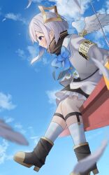 Rule 34 | 1girl, absurdres, ai (u e o o), amane kanata, amane kanata (1st costume), angel wings, armband, black footwear, black skirt, blue bow, blue bowtie, blue sky, blue socks, blurry, blurry foreground, blush, boots, bow, bowtie, closed mouth, cloud, cloudy sky, commentary request, day, falling feathers, feathered wings, feathers, foot out of frame, frilled skirt, frills, from side, gingham socks, grey hair, grey jacket, halo, highres, hololive, indoors, jacket, legwear garter, long sleeves, mini wings, miniskirt, outdoors, profile, purple eyes, sailor collar, short hair, sidelocks, sitting, skirt, sky, smile, socks, solo, star halo, turtleneck, virtual youtuber, white sailor collar, white wings, wings