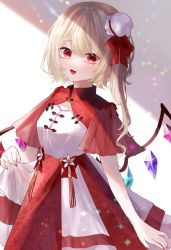 Rule 34 | 1girl, alternate costume, artist name, blonde hair, bow, breasts, bun cover, capelet, chinese clothes, cleavage, cleavage cutout, clothing cutout, commentary request, crystal, diamond (shape), dress, fang, fingernails, flandre scarlet, flower, hair between eyes, hair bow, hair ribbon, highres, long fingernails, looking at viewer, low wings, mandarin collar, medium breasts, nail polish, one side up, red bow, red dress, red eyes, red nails, red ribbon, ribbon, see-through, see-through sleeves, short hair, short sleeves, skin fang, skirt hold, solo, sparkle, tassel, touhou, twitter username, two-tone dress, white background, white dress, white flower, wide sleeves, wings, yukia (yukia 777)