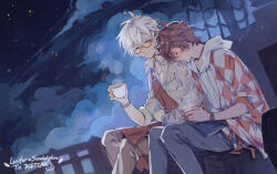 Rule 34 | 2boys, ahoge, aircraft, airship, belt, bishounen, blue eyes, blush, brown hair, closed eyes, cloud, cloudy sky, coffee, coffee cup, commentary, cup, denim, disposable cup, drawstring, english commentary, english text, gift art, granblue fantasy, hair between eyes, hair ornament, hairclip, highres, holding, holding cup, hood, hood down, jacket, jeans, jewelry, light smile, looking at another, lucifer (shingeki no bahamut), luminous slime, male focus, messy hair, mixed-language commentary, multiple boys, necklace, night, night sky, official alternate costume, overalls, pants, parted lips, plaid, plaid jacket, round eyewear, sandalphon (granblue fantasy), short hair, sky, sleeping, sleeves rolled up, star (sky), starry sky, watch, white hair, wristwatch, yaoi