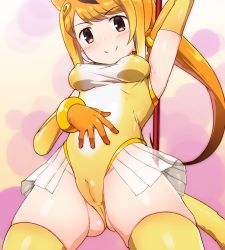 Rule 34 | 10s, 1girl, animal ears, arm up, armpits, bad id, bad nicoseiga id, bangle, bare shoulders, blonde hair, blush, bracelet, breasts, brown eyes, cameltoe, circlet, closed mouth, covered erect nipples, covered navel, cropped legs, elbow gloves, gloves, gluteal fold, golden snub-nosed monkey (kemono friends), gradient hair, groin, hand on own stomach, high ponytail, highleg, highleg leotard, holding, holding staff, iwahana, jewelry, kemono friends, leotard, long hair, looking at viewer, medium breasts, monkey ears, monkey tail, multicolored hair, orange hair, ponytail, skirt, smile, solo, staff, tail, thighhighs, thighs, two-tone hair, yellow thighhighs