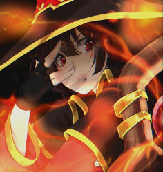 Rule 34 | 1girl, black cape, black gloves, black hat, brown hair, cape, close-up, closed mouth, commentary, dress, explosion, eyelashes, film grain, fingerless gloves, fire, gloves, glowing, hair between eyes, hat, highres, holding, holding staff, kono subarashii sekai ni shukufuku wo!, light smile, lips, long sleeves, looking at viewer, megumin, portrait, psyto qy2, red dress, red eyes, salute, sidelocks, smile, solo, staff, v, v over eye, vulcan salute, witch hat