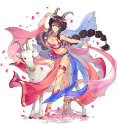 Rule 34 | 1girl, animal ears, ark order, armpits, black hair, bra, bracelet, breasts, cleavage, dancer, dancing, goat (ark order), goat ears, goat girl, goat horns, goat tail, gold, gold necklace, hair ornament, harem outfit, hatoyama itsuru, horns, jewelry, large breasts, leaf, leg ribbon, long hair, looking at viewer, low-tied long hair, multi-tied hair, multiple rings, nail polish, necklace, no shoes, official art, pelvic curtain, pink bra, pink nails, pink skirt, red eyes, ribbon, ring, sidelocks, skirt, solo, tachi-e, thigh ribbon, toenail polish, toenails, transparent background, underwear, very long hair