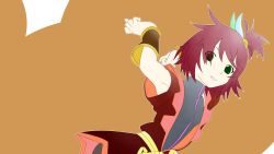Rule 34 | 00s, 1girl, brown background, flat chest, green eyes, highres, nan (tales), open mouth, pantyhose, purple hair, short hair, simple background, tales of (series), tales of vesperia, topknot