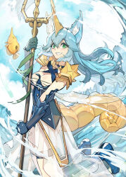 Rule 34 | absurdres, animal ears, armor, black gloves, blue hair, breasts, cleavage, fish, gloves, green eyes, hair between eyes, hide (hideout), highres, holding, holding staff, long hair, looking at viewer, medium breasts, original, shoulder armor, smile, staff, tail, thighhighs, water, white thighhighs, wrist guards
