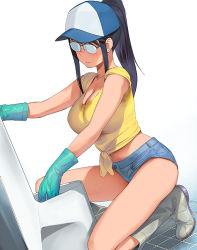 Rule 34 | 1girl, a1 (initial-g), baseball cap, black-framed eyewear, blush, boots, breasts, cleavage, denim, denim shorts, glasses, gloves, hat, high ponytail, houkago teibou nisshi, kneeling, large breasts, long hair, navel, oono makoto, parted lips, rubber boots, rubber gloves, shirt, short shorts, short sleeves, shorts, simple background, solo, sweat, thighs, tied shirt, tile floor, tiles, white background, yellow shirt