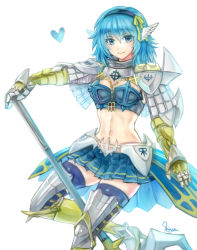 Rule 34 | 1girl, armor, armored skirt, bikini, bikini armor, blue bikini, blue eyes, blue hair, blue skirt, blue thighhighs, breasts, commentary request, eyes visible through hair, flail, gauntlets, hair between eyes, hair ribbon, head wings, headband, heart, holding, holding weapon, leg armor, looking at viewer, mace, medium breasts, medium hair, miniskirt, misuguu, morning star, navel, ragnarok online, ribbon, royal guard (ragnarok online), signature, simple background, skirt, smile, solo, spiked mace, spikes, standing, stomach, swimsuit, thighhighs, weapon, white background, wings, yellow ribbon, zettai ryouiki