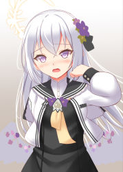 Rule 34 | 1girl, arm behind back, azusa (blue archive), blue archive, blush, commentary request, flower, grey background, hair between eyes, hair flower, hair ornament, halo, looking at viewer, open mouth, purple eyes, school uniform, silver hair, simple background, solo, tokyo yamane