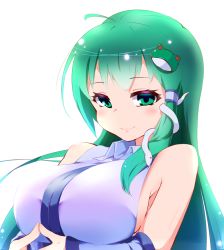 Rule 34 | blush, breasts, detached sleeves, frog hair ornament, green eyes, green hair, hair ornament, hair tubes, highres, kochiya sanae, large breasts, long hair, looking at viewer, sherumaa (shellmound), simple background, smile, snake hair ornament, solo, touhou, white background