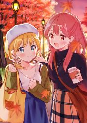 Rule 34 | 2girls, apple, bag, beret, blonde hair, coffee cup, cup, disposable cup, earrings, flower, food, fruit, hair flower, hair ornament, half updo, hat, jewelry, lamppost, leaf, maple leaf, maple tree, multiple girls, necklace, aged up, red hair, sakura trick, side ponytail, smile, sonoda yuu, sweater, tachi (gutsutoma), takayama haruka, tree