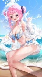 Rule 34 | 1girl, absurdres, angel wings, bare legs, bare shoulders, beach, bikini, blue archive, blue bow, blue sky, blush, bow, breasts, cleavage, cloud, cloudy sky, collarbone, crescent, cross, day, double bun, educk, feathered wings, flower, frilled bikini, frilled ribbon, frills, glint, hair bun, hair flower, hair ornament, hair ribbon, hair scrunchie, halo, highres, large breasts, legs, long bangs, long sleeves, looking at viewer, low wings, mika (blue archive), navel, ocean, open clothes, open mouth, open shirt, outdoors, pink hair, pink halo, purple flower, purple scrunchie, raised eyebrows, ribbon, sand, scrunchie, shirt, shirt partially removed, sky, sleeves past wrists, smile, solo, stomach, swimsuit, thighs, water, white bikini, white ribbon, white shirt, white wings, wing ornament, wings, yellow eyes