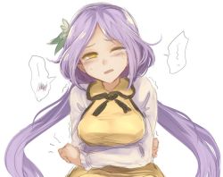 Rule 34 | 1girl, breasts, dress, holding stomach, long hair, long sleeves, low twintails, medium breasts, pain, purple hair, solo, stomach ache, tears, touhou, tsukumo benben, twintails, upper body, utopia, wince, yellow eyes