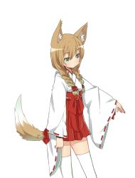 Rule 34 | 1girl, absurdres, animal ears, bracelet, braid, brown hair, cowboy shot, eyebrows, fox ears, fox tail, from side, green eyes, highres, japanese clothes, jewelry, long hair, nontraditional miko, original, simple background, solo, tadashi (tadashi1013), tail, thighhighs, twin braids, white background, white thighhighs, wide sleeves