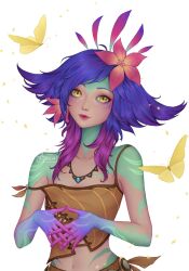 Rule 34 | 1girl, artelsia, artist name, bare shoulders, blue hair, bug, butterfly, collarbone, colored skin, crop top, flat chest, flower, freckles, green skin, hair flower, hair ornament, highres, insect, jewelry, league of legends, long hair, looking at viewer, necklace, neeko (league of legends), orange butterfly, orange eyes, orange shirt, pink flower, pink hair, pink lips, shirt, simple background, smile, solo, upper body, white background