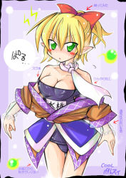 Rule 34 | 1girl, blonde hair, blush stickers, bow, breasts, cleavage, clothes pull, dress, dress pull, female focus, green eyes, hair bow, hair up, kamashi, mizuhashi parsee, one-piece swimsuit, ponytail, purple dress, purple skirt, scarf, school swimsuit, skirt, solo, standing, swimsuit, swimsuit under clothes, touhou