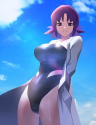 Rule 34 | 1girl, akimikan (2.5deciliter), black one-piece swimsuit, blue sky, breasts, closed mouth, cloud, coat, covered navel, cowboy shot, creatures (company), day, game freak, groin, highres, lab coat, large breasts, looking at viewer, nintendo, one-piece swimsuit, open clothes, open coat, outdoors, philena ivy, pokemon, pokemon (anime), purple eyes, purple hair, short hair, sky, smile, solo, swimsuit, water, wet, white coat