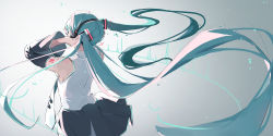 Rule 34 | 1girl, absurdly long hair, absurdres, aqua hair, aqua necktie, bare shoulders, black skirt, black sleeves, cowboy shot, detached sleeves, floating hair, from behind, gradient background, graphic equalizer, hair ornament, hands on headwear, hands up, hatsune miku, headphones, highres, long hair, miniskirt, necktie, number tattoo, pleated skirt, potato (user vmjc8744), shirt, shoulder tattoo, skirt, sleeveless, sleeveless shirt, solo, tattoo, twintails, very long hair, vocaloid, white shirt
