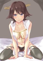 Rule 34 | 10s, 1girl, arm support, black panties, black thighhighs, blue eyes, blush, breasts, brown hair, collarbone, headgear, hiei (kancolle), highres, kantai collection, large breasts, looking at viewer, navel, no pants, open clothes, panties, short hair, sitting, solo, thighhighs, underwear, wa (genryusui), wariza