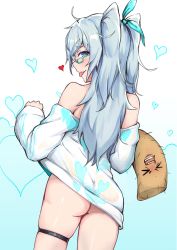 Rule 34 | 1girl, :p, absurdres, ass, bare shoulders, blue-framed eyewear, blue eyes, blue ribbon, blush, bottomless, clothes lift, commentary request, cowboy shot, from behind, girls&#039; frontline, glasses, hair ribbon, heart, heart-shaped pupils, heart print, highres, ky (ky990533), lifting own clothes, long hair, long sleeves, looking at viewer, looking back, messy hair, no panties, off-shoulder shirt, off shoulder, official alternate costume, pa-15 (girls&#039; frontline), pa-15 (marvelous yam pastry) (girls&#039; frontline), ribbon, shirt, shirt lift, silver hair, skindentation, solo, symbol-shaped pupils, thigh strap, thighs, tongue, tongue out, white shirt