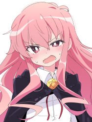 Rule 34 | 1girl, blush, hair between eyes, ixy, long hair, looking at viewer, louise francoise le blanc de la valliere, open mouth, pentagram, pink eyes, pink hair, shirt, simple background, solo, sweatdrop, upper body, white background, white shirt, zero no tsukaima