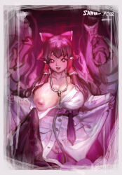 1girl border bow breasts commentary_request cookie_(touhou) cowboy_shot d_tomoki dress frilled_hair_tubes frills hair_tubes hakurei_reimu highres inverted_nipples large_breasts lips long_hair looking_at_viewer no_bra one_breast_out open_mouth pink_bow pink_theme purple_sash pussy red_eyes sash shinonome_(cookie) sidelocks smile solo stethoscope touhou uncensored white_border white_dress