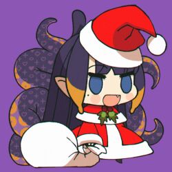 Rule 34 | 1girl, :d, blue eyes, blush stickers, capelet, chibi, dress, empty eyes, fang, full body, hat, highres, holding, holding sack, hololive, hololive english, loen, long hair, looking at viewer, meme, ninomae ina&#039;nis, open mouth, padoru (meme), pointy ears, purple background, purple hair, red capelet, red dress, sack, santa dress, santa hat, simple background, smile, solo, standing, tentacles, virtual youtuber