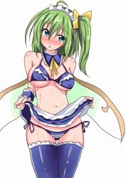 Rule 34 | 1girl, blue eyes, blush, breasts, chan (akuty ikkot), clothes lift, daiyousei, gradient background, green hair, head tilt, highres, large breasts, maid, matewi (akuty ikkot), navel, open mouth, panties, ribbon, skirt, skirt lift, thighhighs, touhou, underwear, wings