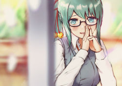 Rule 34 | .live, 1girl, black-framed eyewear, blurry, blurry background, blurry foreground, blush, collared shirt, cropped torso, dress shirt, eggedomon, fingers together, glasses, green eyes, green hair, grey sweater, grey vest, hair between eyes, hair ribbon, hand on own face, hands on own face, head tilt, highres, kagura suzu (.live), long hair, long sleeves, noise, open mouth, own hands together, ponytail, red ribbon, ribbed sweater, ribbon, semi-rimless eyewear, shirt, shy, solo, sweater, sweater vest, under-rim eyewear, vest, virtual youtuber, white shirt