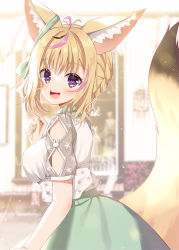 Rule 34 | 1girl, :d, animal ear fluff, animal ears, black hair, blonde hair, blurry, blurry background, braid, breasts, commentary request, depth of field, fox ears, fox girl, fox tail, green nails, green skirt, heart, heart-shaped pupils, hololive, mauve, medium breasts, multicolored hair, nail polish, omaru polka, omaru polka (street casual), open mouth, pink hair, puffy short sleeves, puffy sleeves, purple eyes, see-through, see-through sleeves, shirt, short sleeves, skirt, smile, solo, streaked hair, symbol-shaped pupils, tail, tail raised, teeth, upper teeth only, virtual youtuber, white shirt