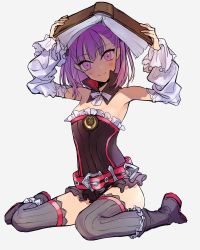 Rule 34 | 1girl, armpits, as us kr, bad id, bad twitter id, bare shoulders, belt, black hat, book, book on head, detached collar, detached sleeves, fate/grand order, fate (series), flat chest, full body, hat, helena blavatsky (fate), highres, looking at viewer, object on head, purple eyes, purple hair, sefirot, short hair, sketch, smile, solo, strapless, thighhighs