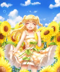 Rule 34 | 1girl, :d, ^ ^, arm at side, bad id, bad pixiv id, bare arms, bare shoulders, blonde hair, blue sky, blunt bangs, blush, carrying, closed eyes, cloud, collarbone, day, dress, facing viewer, field, flower, flower field, hair blowing, highres, idolmaster, idolmaster cinderella girls, jougasaki rika, light particles, long hair, nuemi (namja2012), open mouth, outdoors, petticoat, plaid, plaid dress, short twintails, sky, smile, solo, summer, sundress, sunflower, sunflower field, twintails, two side up, wind, wind lift