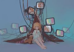 Rule 34 | 1girl, :&lt;, adapted costume, arm at side, barefoot, blonde hair, blunt bangs, cable, cloak, closed mouth, collared shirt, color bars, commentary, crystal, flandre scarlet, frown, hat, hat ribbon, headpat, looking at viewer, medium hair, mob cap, neck ribbon, no headwear, on ground, one side up, red cloak, red eyes, red ribbon, red vest, ribbon, ribbon trim, shirt, short sleeves, side ponytail, sitting, solo, static, stuffed animal, stuffed toy, teddy bear, television, test card, touhou, vest, white hat, white shirt, wings, xii yashizhongzhan